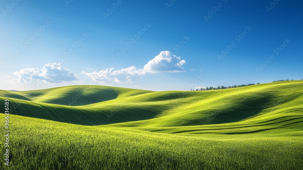 Obraz premium A picturesque landscape of rolling green hills under a clear blue sky, symbolizing tranquility and the beauty of the natural world.