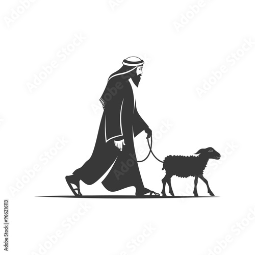 A man in a robe leading a lamb on a leash