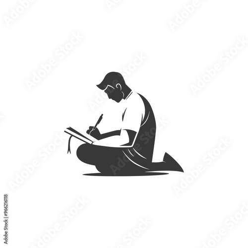 A Silhouette of a Man Kneeling and Writing in a Notebook