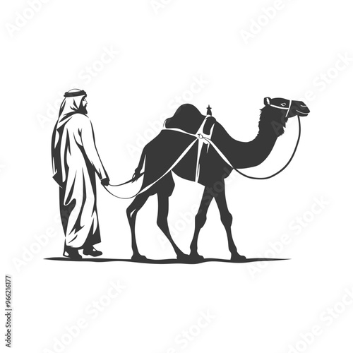 A Man in Traditional Clothing Leads a Camel