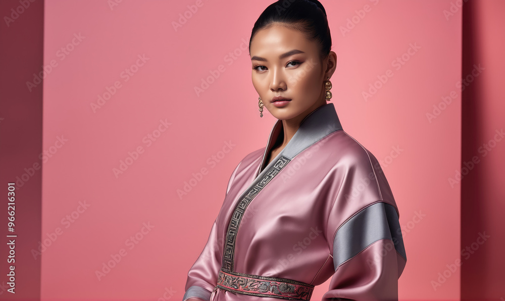 A woman in a pink silk robe stands in front of a pink wall A woman in a pink silk robe stands in front of a pink wall