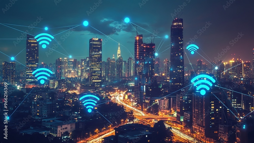 Fototapeta premium Business district and wireless technologies