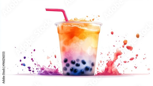 Colorful bubble tea explosion with tapioca pearls and vibrant splash on a white background.