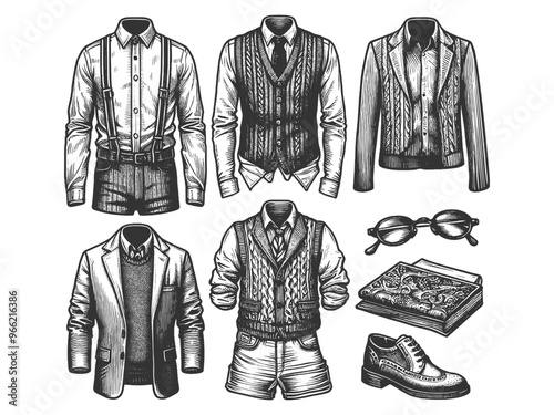 men vintage fashion clothing and accessories, vests, blazers, suspenders, shoes, glasses, and a book sketch engraving generative ai vector illustration. Scratch board imitation. Black and white image.