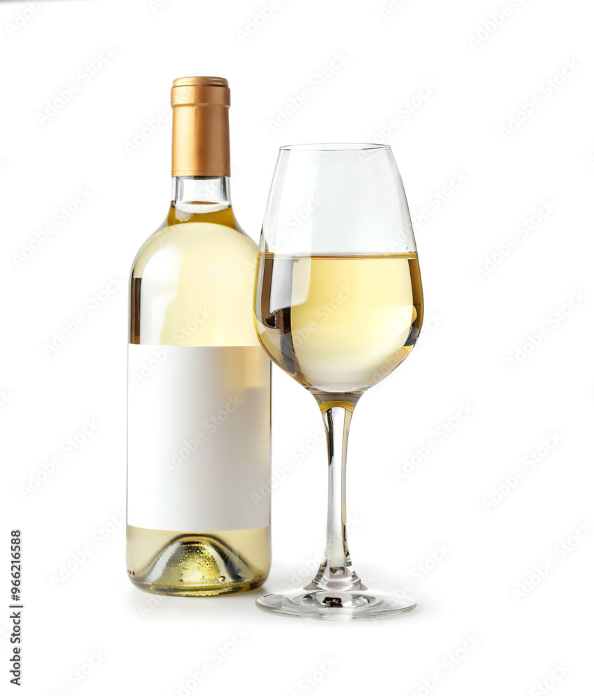 Bottle with white blank label and glass of white wine on white background Bottle with white blank label and glass of white wine on white background