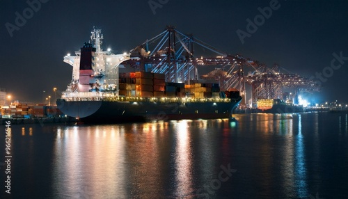 Container ship preparing to leave port late at night