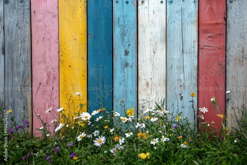 A vibrant wooden fence with vertical stripes in pastel colors, including pink, yellow, blue, and red. In front, a patch of wildflowers with daisies and other colorful blooms adds a natural touch.