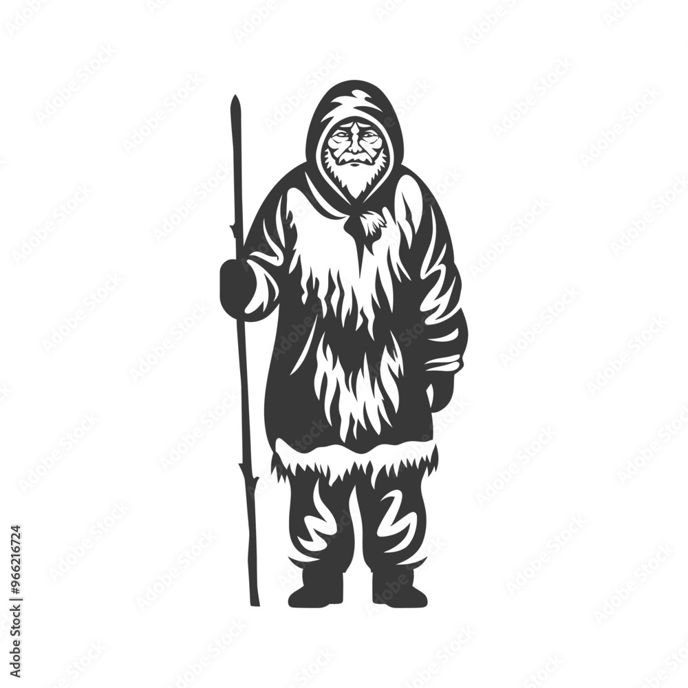 An Elderly Man in Traditional Arctic Clothing with a Staff