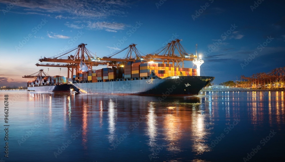 Container ship preparing to leave port late at night Container ship preparing to leave port late at night