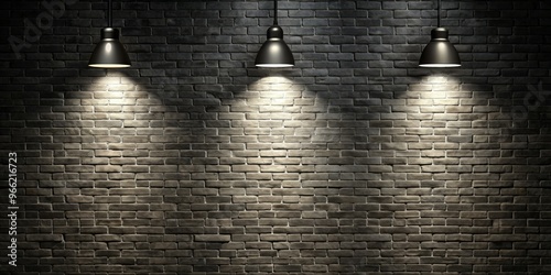 Three Black Lamps Illuminating a Brick Wall, Dark Minimalist Interior Design, Brick Wall, Black Lamp, Interior Design photo