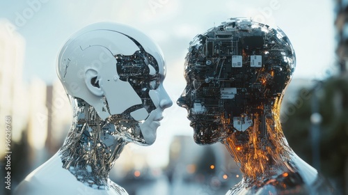 Futuristic half-machine half-human robotic heads photo