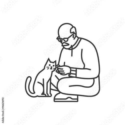 An elderly man with glasses and a beard petting a cat