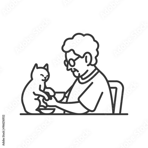 An elderly man with glasses feeds a cat from a bowl