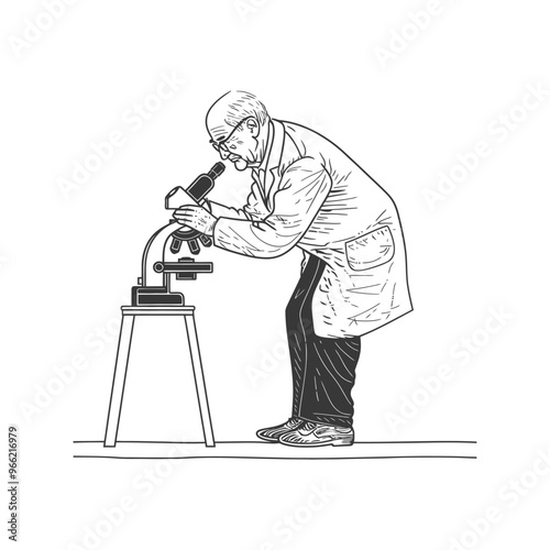 An elderly scientist examining a sample under a microscope