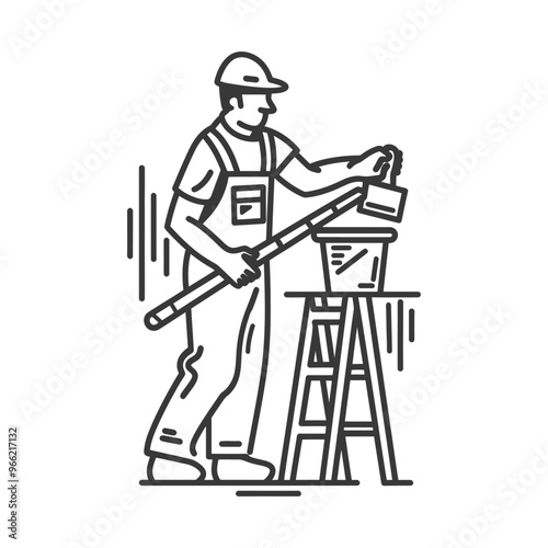 A painter standing on a stepladder dipping a paintbrush in a bucket