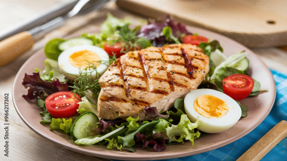 A photo of a healthy meal consisting of a salad with mixed greens, cherry tomatoes, cucumbers, and a hard-boiled egg. There's a grilled chicken breast on top of the salad. The salad is dressed A photo of a healthy meal consisting of a salad with mixed greens, cherry tomatoes, cucumbers, and a hard-boiled egg. There's a grilled chicken breast on top of the salad. The salad is dressed