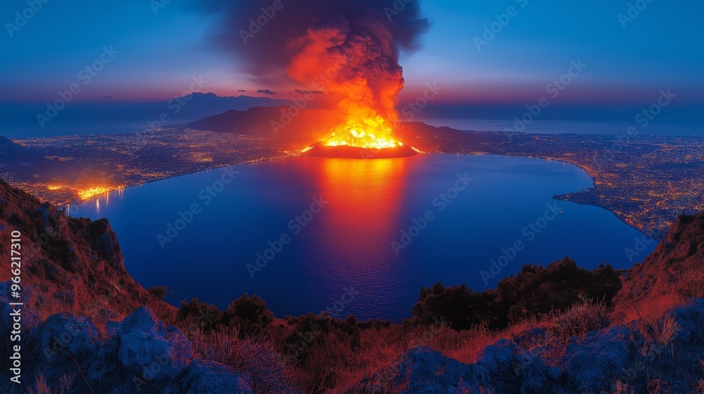 Fototapeta premium Volcanic eruption with lava flowing down the crater
