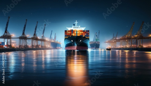 Container ship preparing to leave port late at night