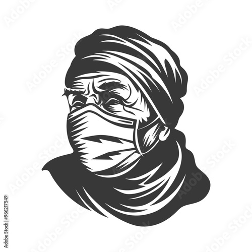 A person with a head covering and face mask illustrated in black and white