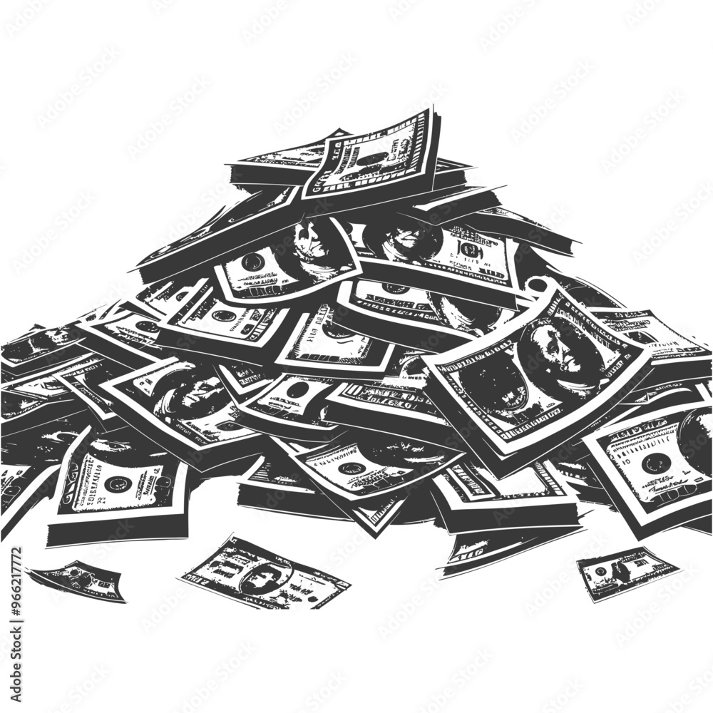 A Pile of Scattered Dollar Bills in Black and White