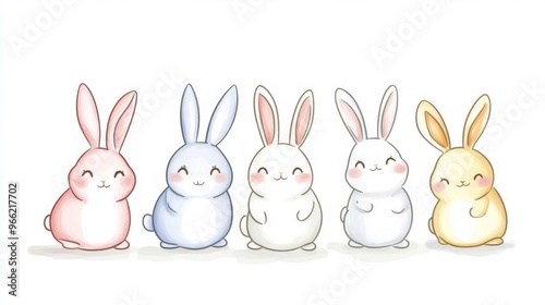 Adorable pastel bunny illustration with five cute rabbits in a row. Perfect for children's art, nursery decor, and Easter decorations.