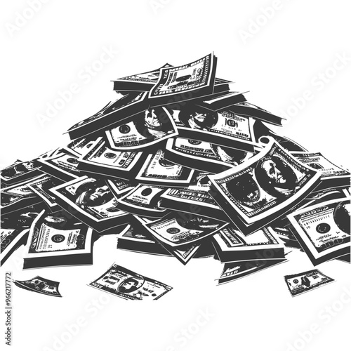 A Pile of Scattered Dollar Bills in Black and White