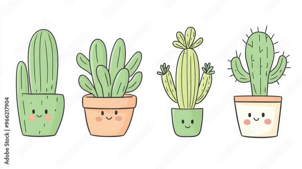 Cute cartoon cacti in pots with smiling faces, perfect for kids' illustrations, posters, and greeting cards. Cute cartoon cacti in pots with smiling faces, perfect for kids' illustrations, posters, and greeting cards.