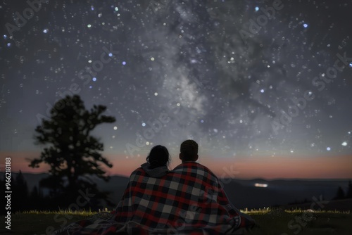 Lets Day Dream Under The Stars A mature couple sitting wrapped in a blanket looking at the night sky full of stars.