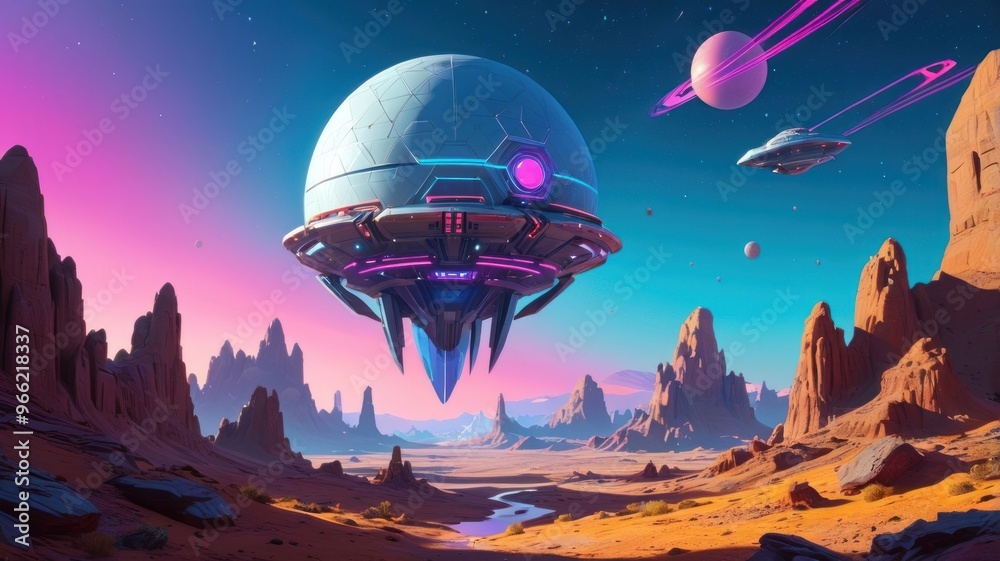 Wallpaper beautiful neon low poly spacecraft on Mars against background beautiful undiscovered space mountains, illustration, cartoon style Wallpaper beautiful neon low poly spacecraft on Mars against background beautiful undiscovered space mountains, illustration, cartoon style