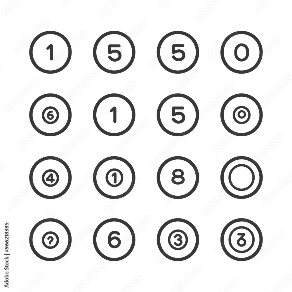 A Set of Sixteen Black and White Pool Ball Icons A Set of Sixteen Black and White Pool Ball Icons