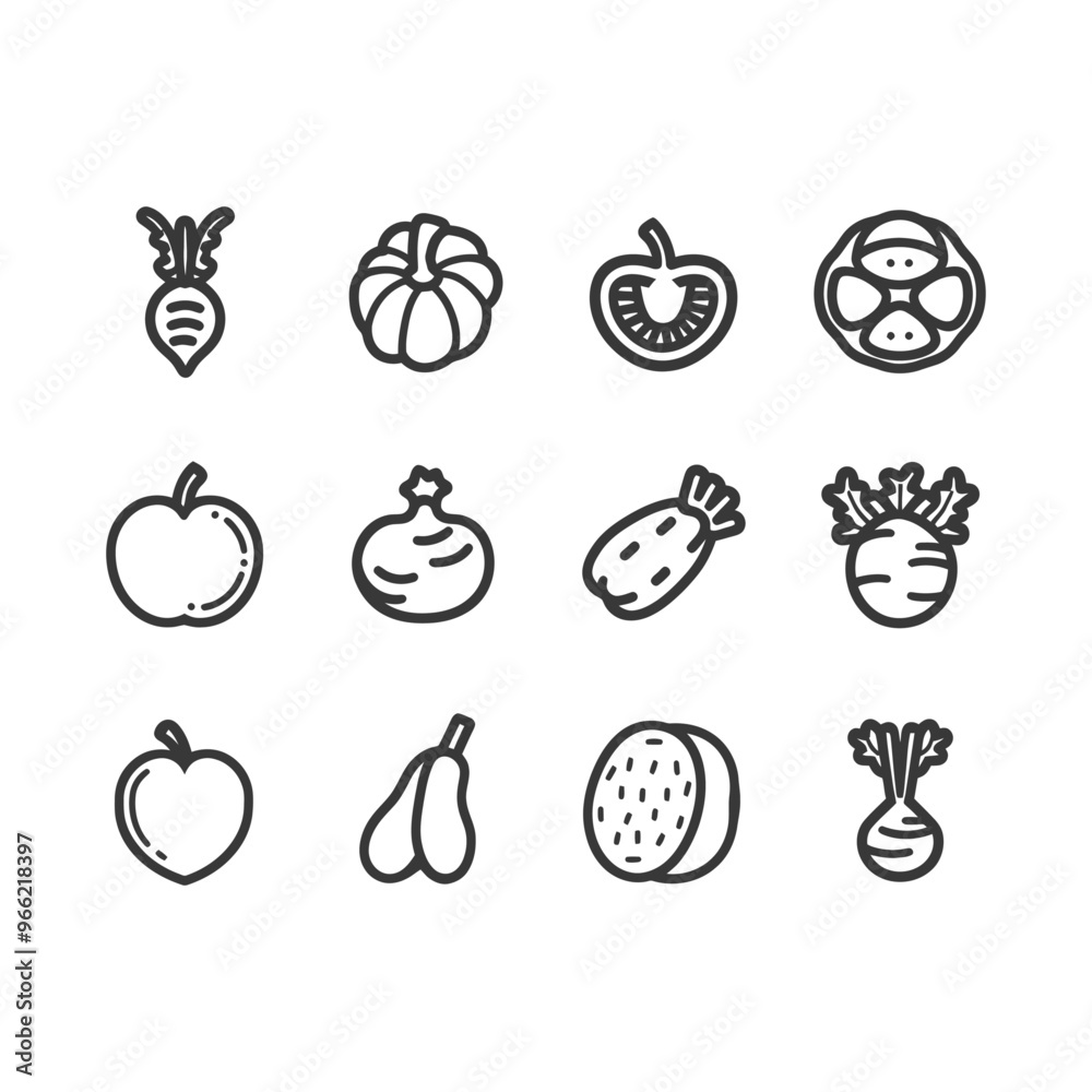 A Set of Twelve Black and White Vegetable Line Drawings A Set of Twelve Black and White Vegetable Line Drawings