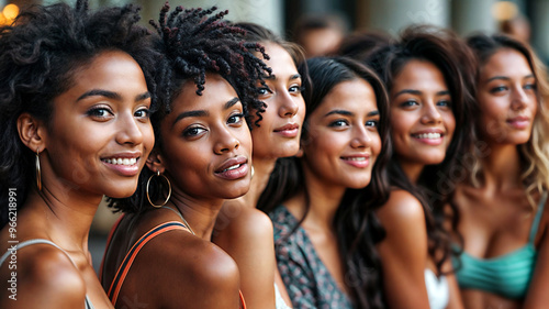 A diverse group of women are smiling at the camera