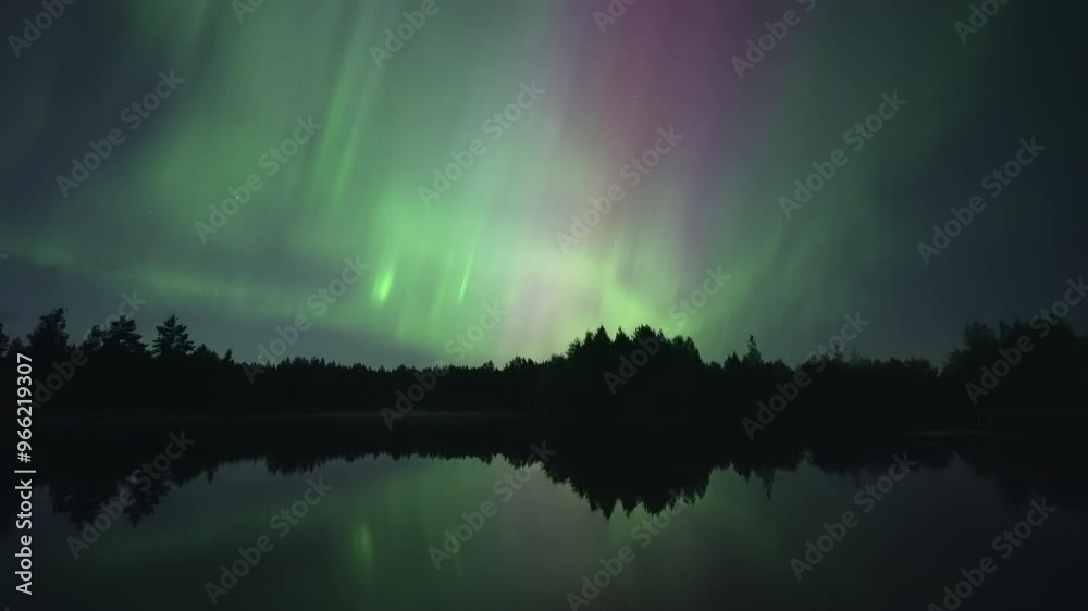 Green and purple aurora covering the sky and reflecting from a lake, real-time video Green and purple aurora covering the sky and reflecting from a lake, real-time video