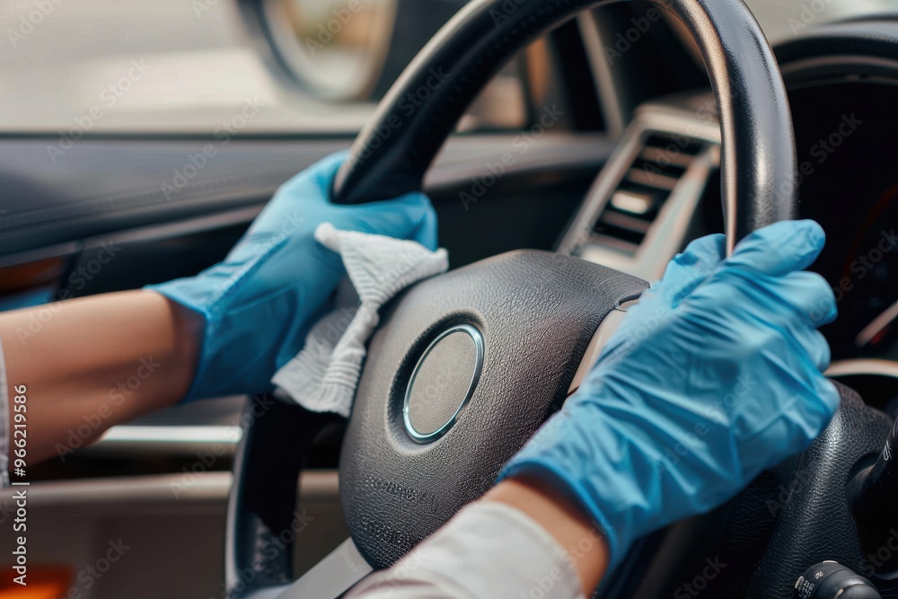 Hand with glove wiping car steering wheel. Female hand with blue glove wiping car steering wheel with disinfectant wipe. Square outdoors close-up with copy space. Hand with glove wiping car steering wheel. Female hand with blue glove wiping car steering wheel with disinfectant wipe. Square outdoors close-up with copy space.