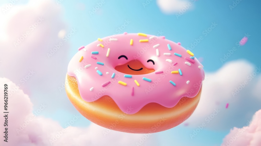 Whimsical donut with pink icing and colorful sprinkles floating in a dreamy sky background, cheerful and delightful imagery. Whimsical donut with pink icing and colorful sprinkles floating in a dreamy sky background, cheerful and delightful imagery.