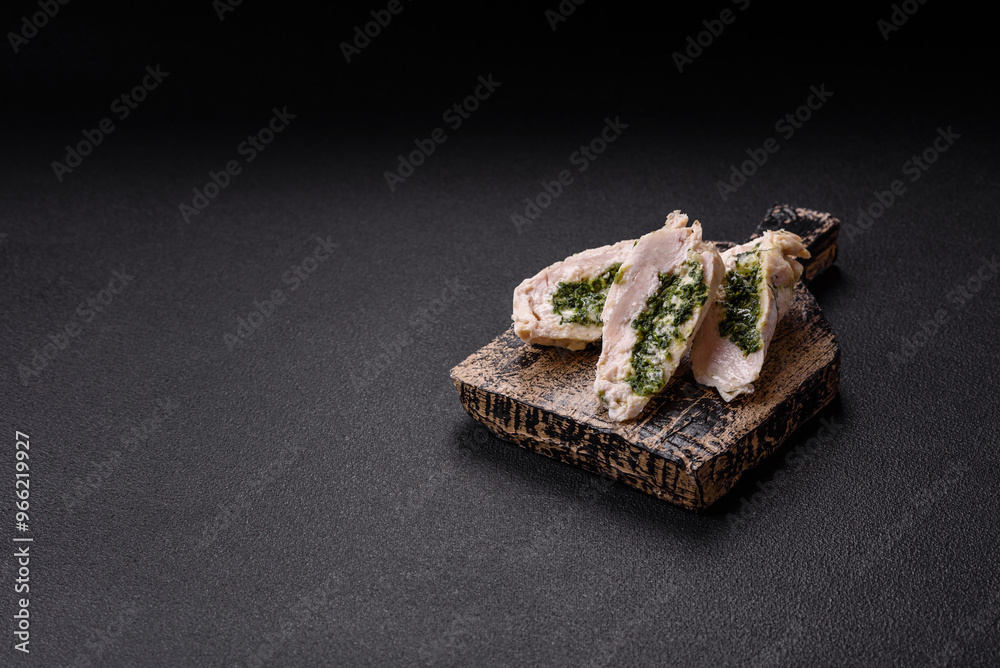 Chicken roulade with spinach, cheese, spices, salt and herbs Chicken roulade with spinach, cheese, spices, salt and herbs