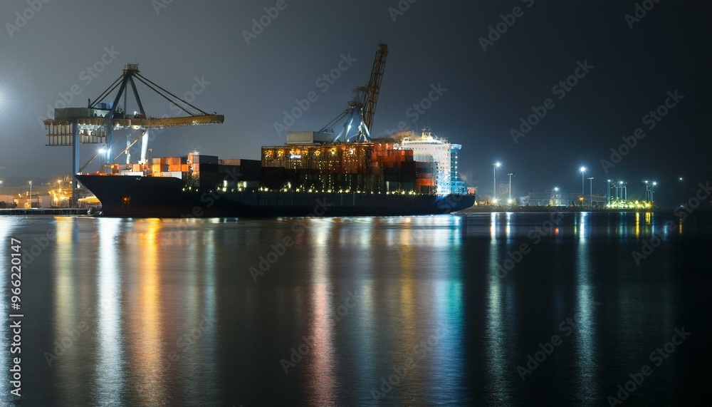 Container ship preparing to leave port late at night Container ship preparing to leave port late at night