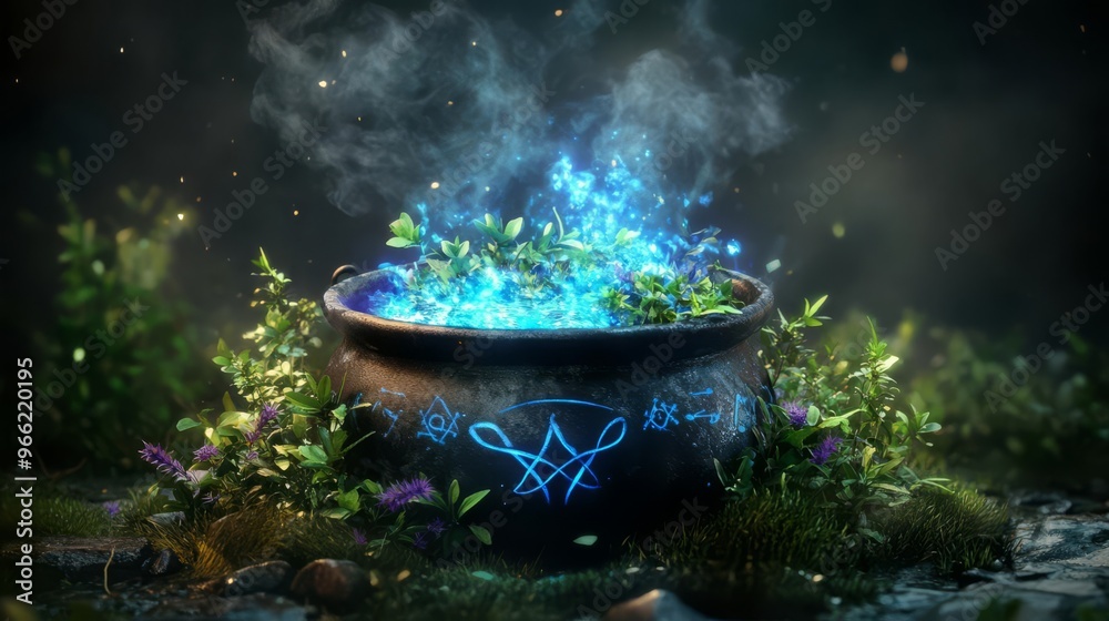 A mystical cauldron with glowing runes and blue magical concoction, surrounded by greenery and ethereal mist in a dark forest. A mystical cauldron with glowing runes and blue magical concoction, surrounded by greenery and ethereal mist in a dark forest.