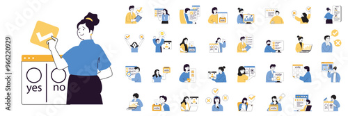Online voting concept mega set with character scenes in flat design for web. Bundle situations with people choosing in political vote, analyzing politics rating and exit polls. Vector illustrations.