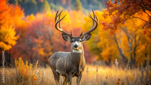 Majestic mule deer buck with impressive antlers exceeding 200 inches, set amidst a serene forest landscape with autumn photo