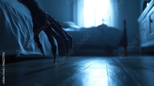 A clawed hand creeps across a dark bedroom floor. photo