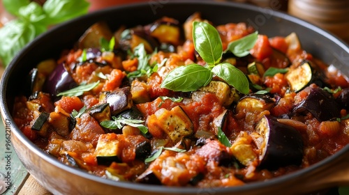 A close-up shot of a vibrant Spanish vegetable stew, featuring eggplant, zucchini, tomatoes, onions, and fresh basil. The stew is simmered in a rich tomato sauce, creating a flavorful and healthy meal