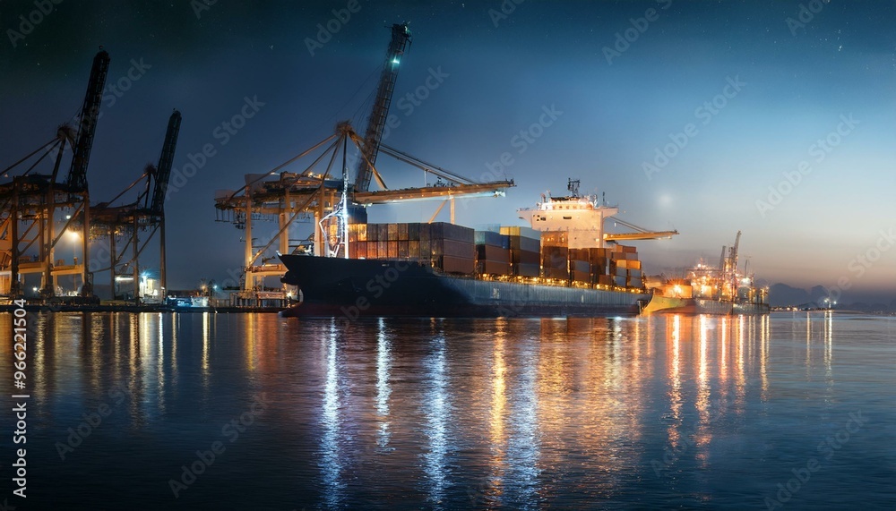 Container ship preparing to leave port late at night Container ship preparing to leave port late at night