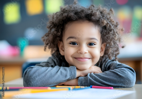 
A young child sits at their desk in the classroom, happily writing on paper with crayons while smiling