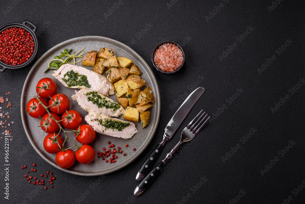Chicken roulade with spinach, cheese, spices, salt and herbs Chicken roulade with spinach, cheese, spices, salt and herbs