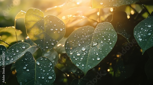 A serene image of large leaves covered in dewdrops, with sunlight filtering through the foliage and creating a glistening effect on the water droplets. photo