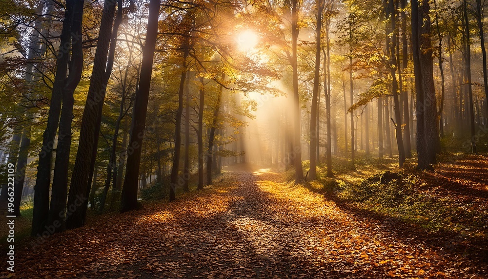 tranquil forest path covered in autumn leaves, with golden light filtering through the trees tranquil forest path covered in autumn leaves, with golden light filtering through the trees