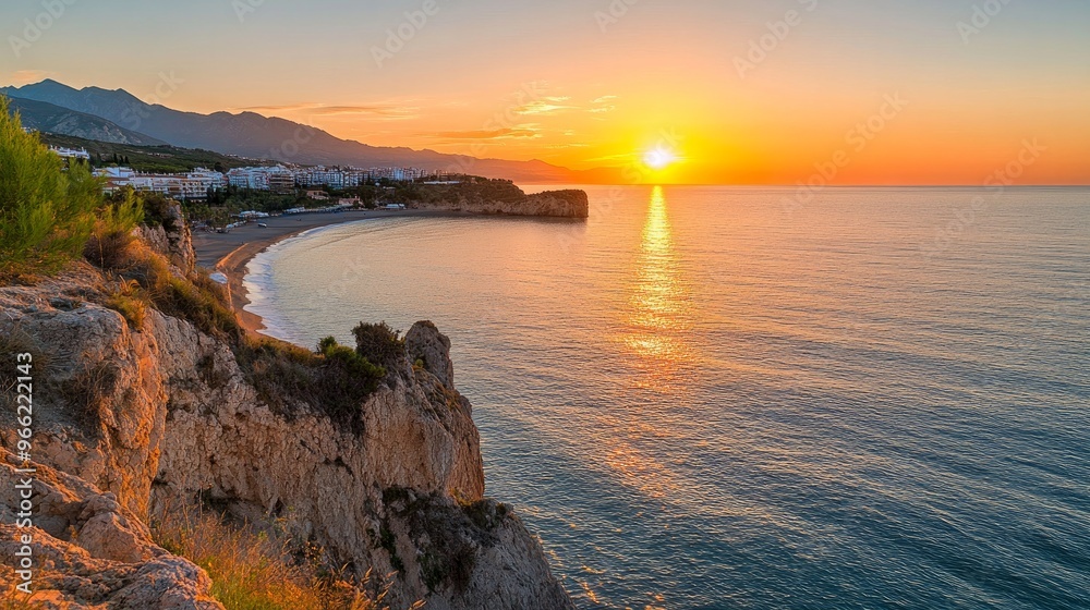 Sunset in the Andalusian area of Spain, near Nerja (Malaga). Gorgeous view of the Alboran Sea. Sunset in the Andalusian area of Spain, near Nerja (Malaga). Gorgeous view of the Alboran Sea.