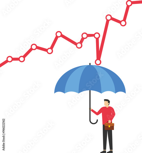 Businessman holding umbrella protect graph down. Protection from economic crisis


