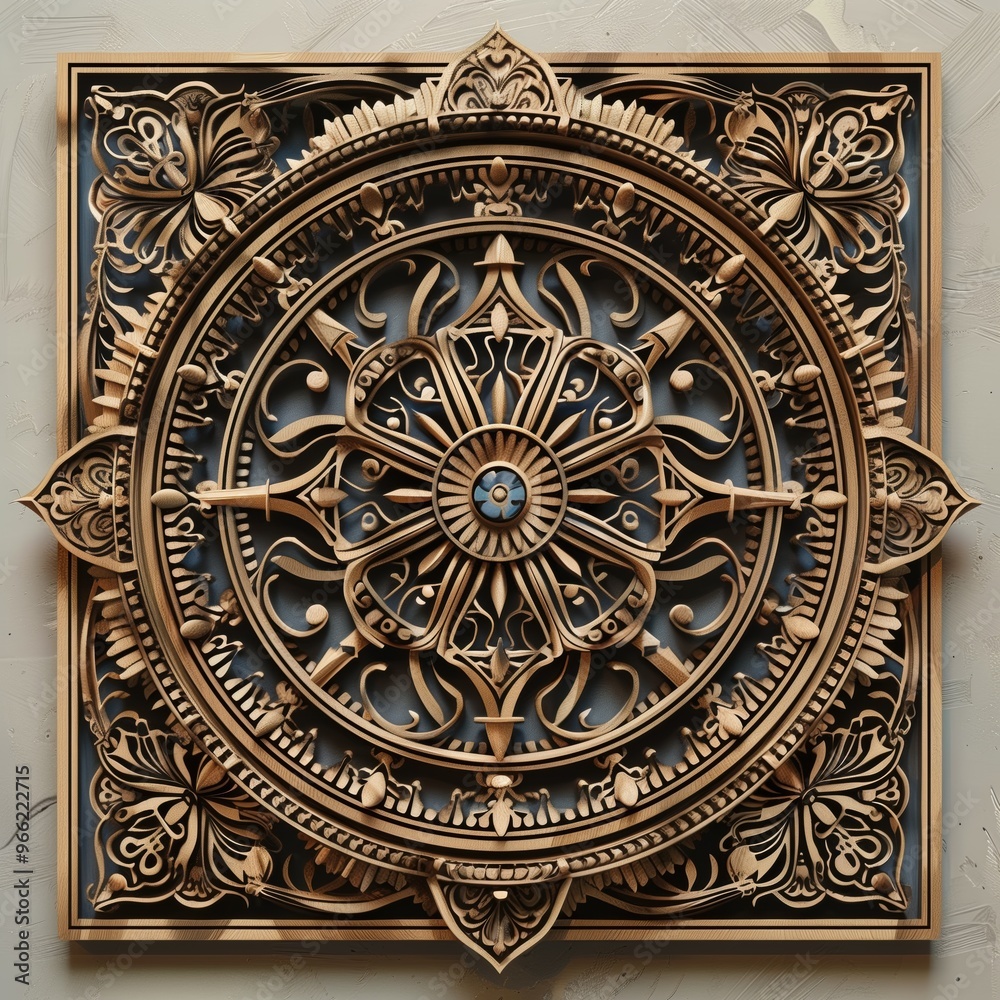 Intricate wooden mandala design featuring floral patterns and geometric shapes, beautifully carved with a central blue gem, set against a textured background. Intricate wooden mandala design featuring floral patterns and geometric shapes, beautifully carved with a central blue gem, set against a textured background.
